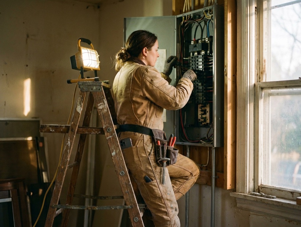 Une électricienne travaille dans un tableau électrique, les deux mains occupées.