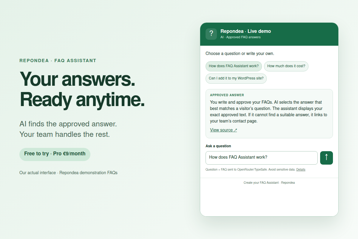 Our assistant displaying an approved answer from the Repondea demo FAQ